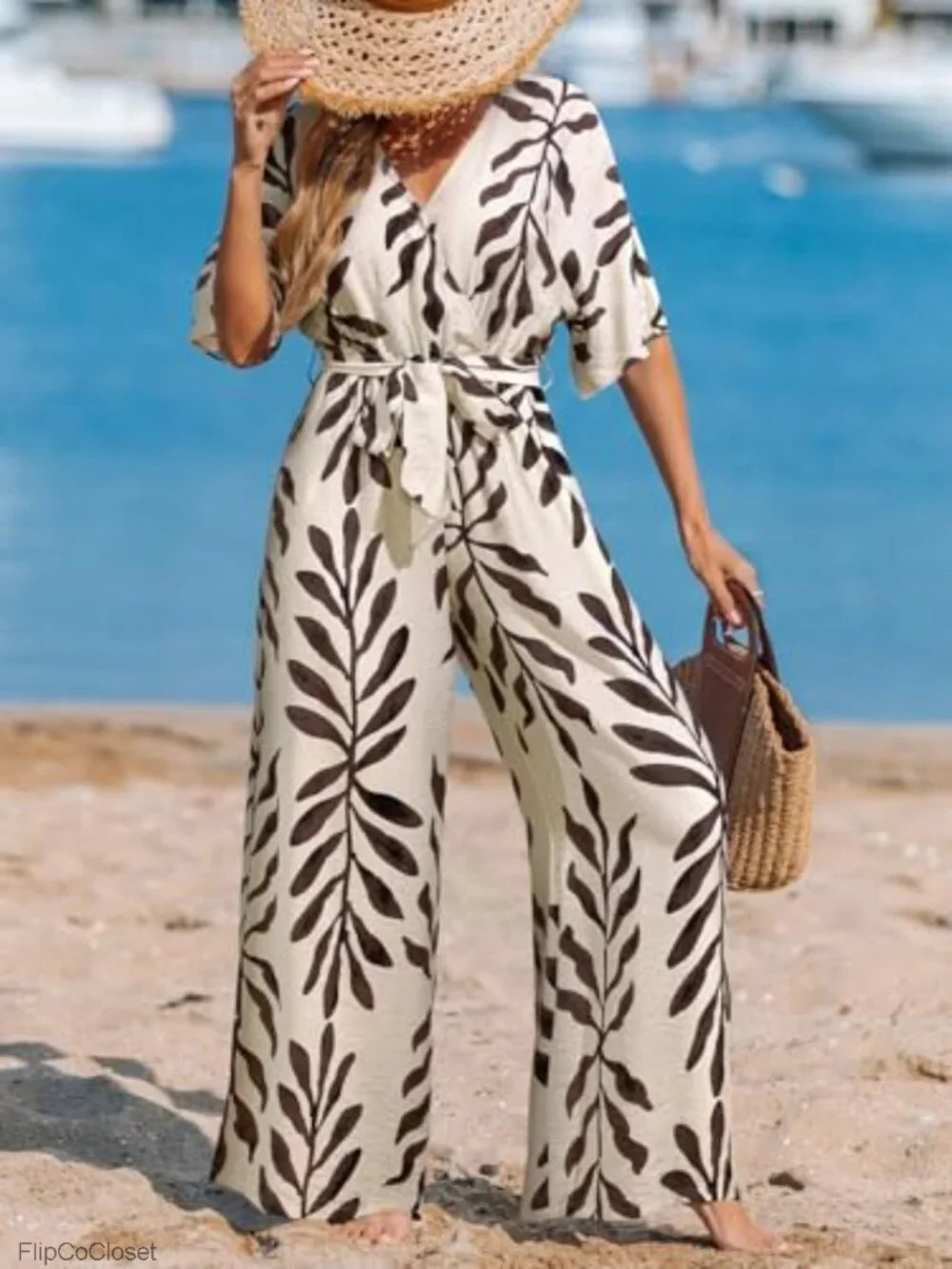 Boho Floral Wide Leg Jumpsuit with Belt, Pockets, Short Sleeve